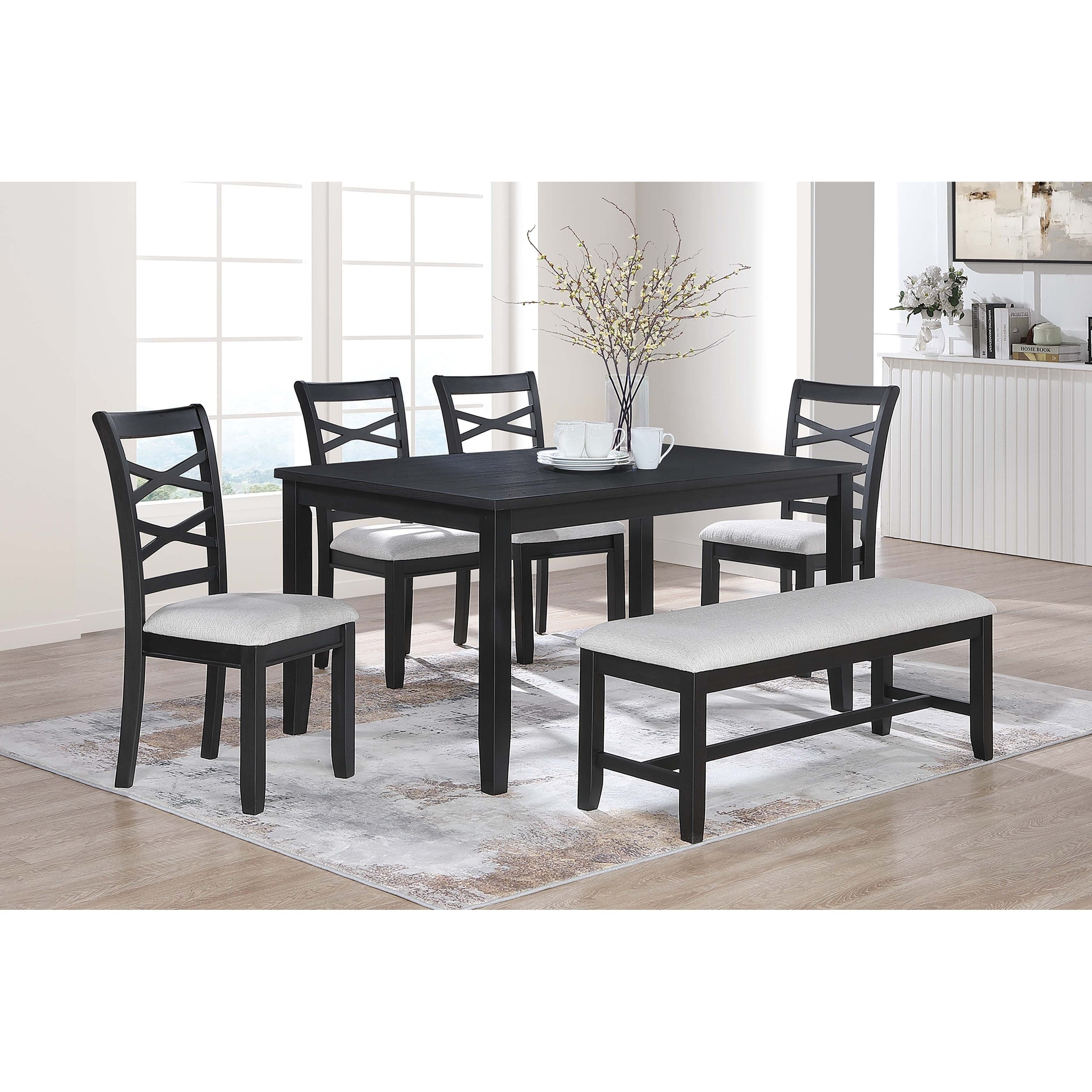 6Pc Dining Table Set 1X Table 1X Bench 4X Chairs Charcoal Finish