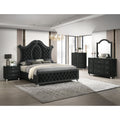 6Pc Glam Black Tufted Headboard Luxurious Upholstery Diamond Patterned Panel Bed Dresser Mirror Chest Nightstand Set