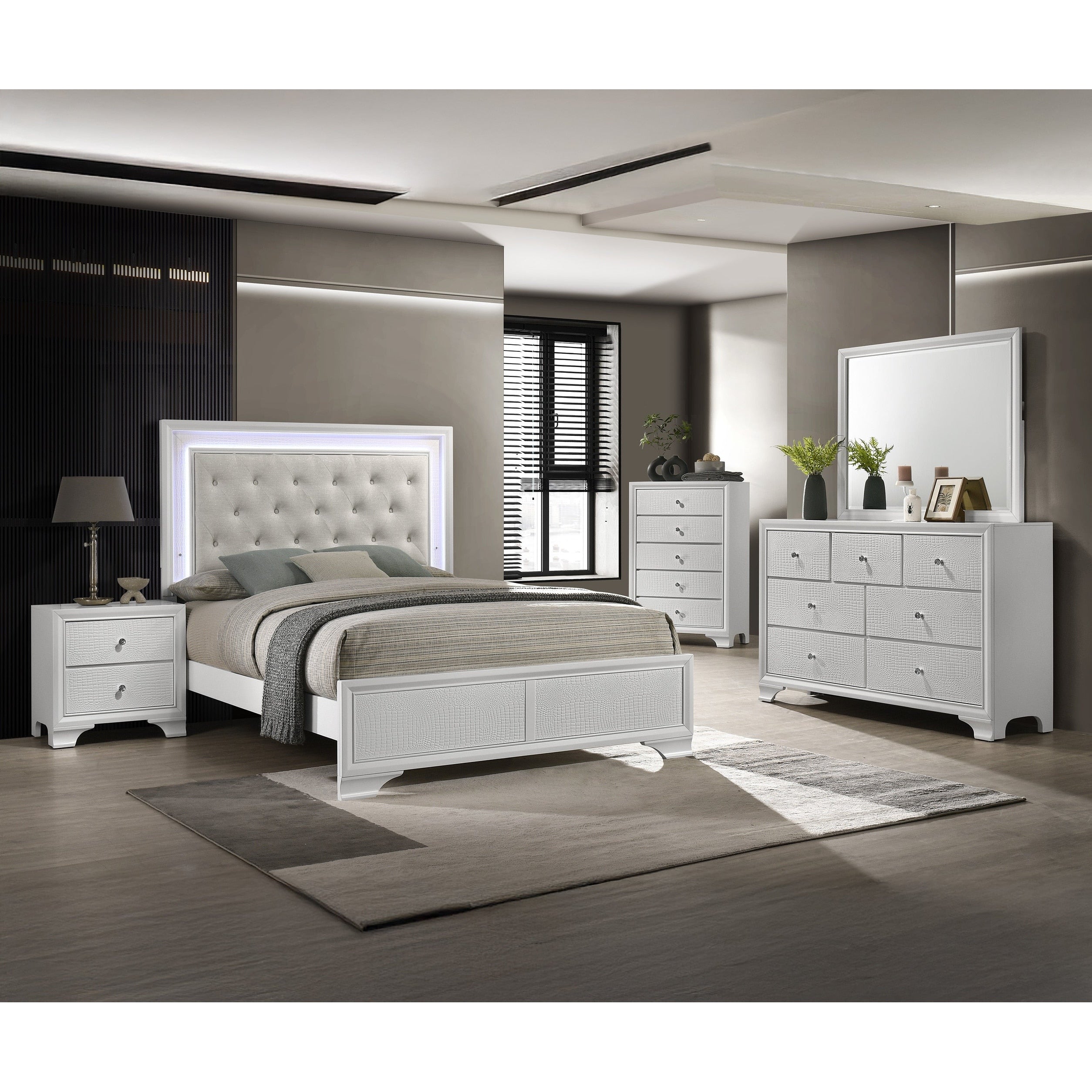 6Pc Modern Led Backlit Light Upholstered Tufted Headboard Panel Bed Set Crisp White Finish Wooden Bedroom Furniture