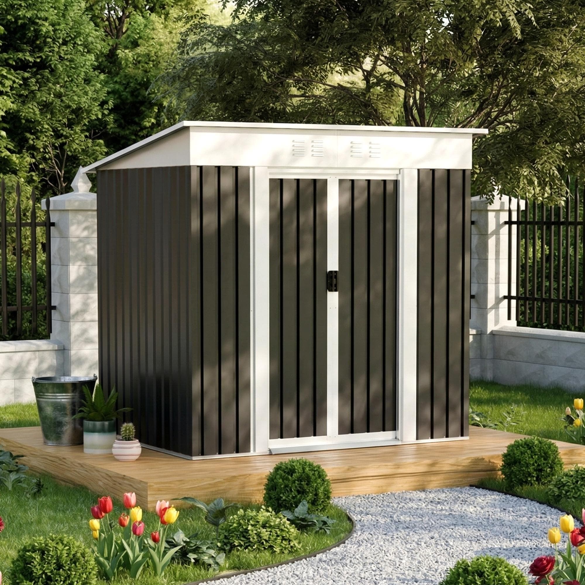 6X4 Ft Garden Shed For Patio Outdoors Storage Shed Metal Frame Design Sliding Door