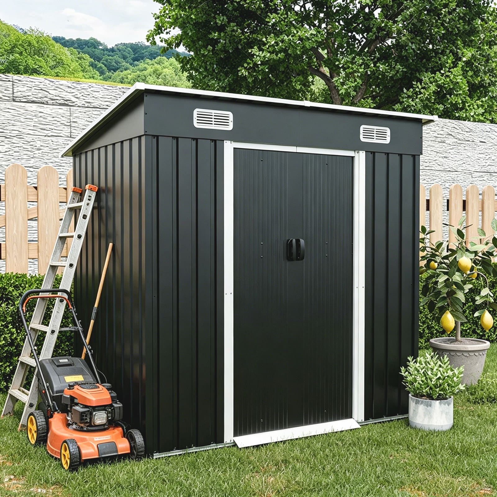 6X4Ft Metal Shed Sliding Door Outdoor Storage Building With Ventilation Vents Threshold Galvanized Steel Shed
