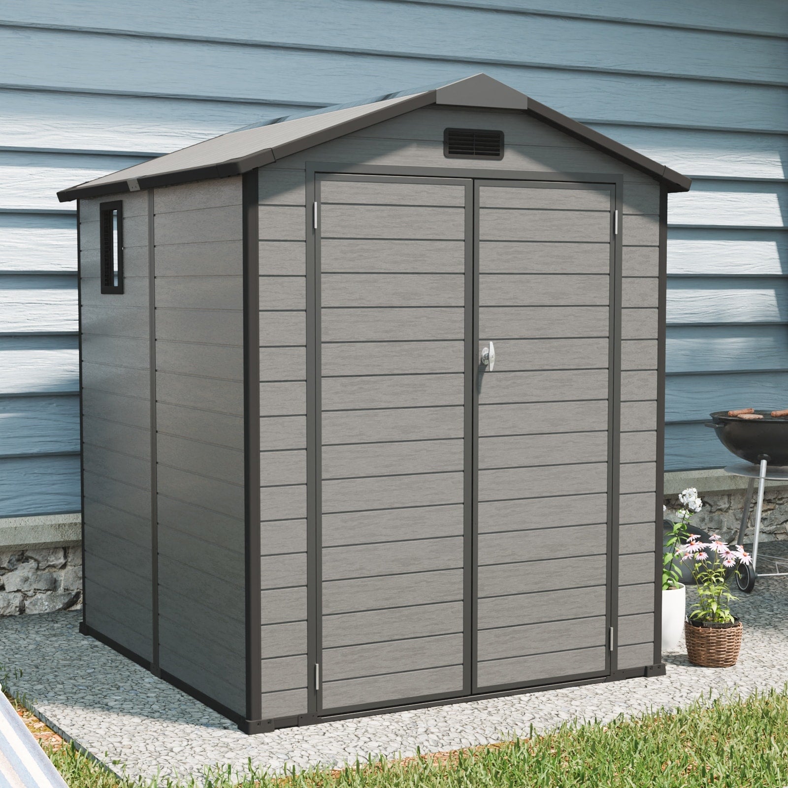 6X6 Ft Plastic Outdoor Storage Shed Lockable Resin Tool Shed With Window Floor Dark Gray