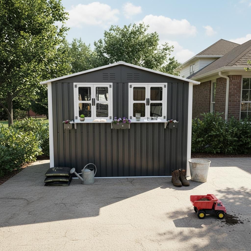 6X9 Ft Outdoor Metal Storage Shed With Window Flower Rack Lockable Double Doors Tool Shed Waterproof Weatherproof Garden Shed