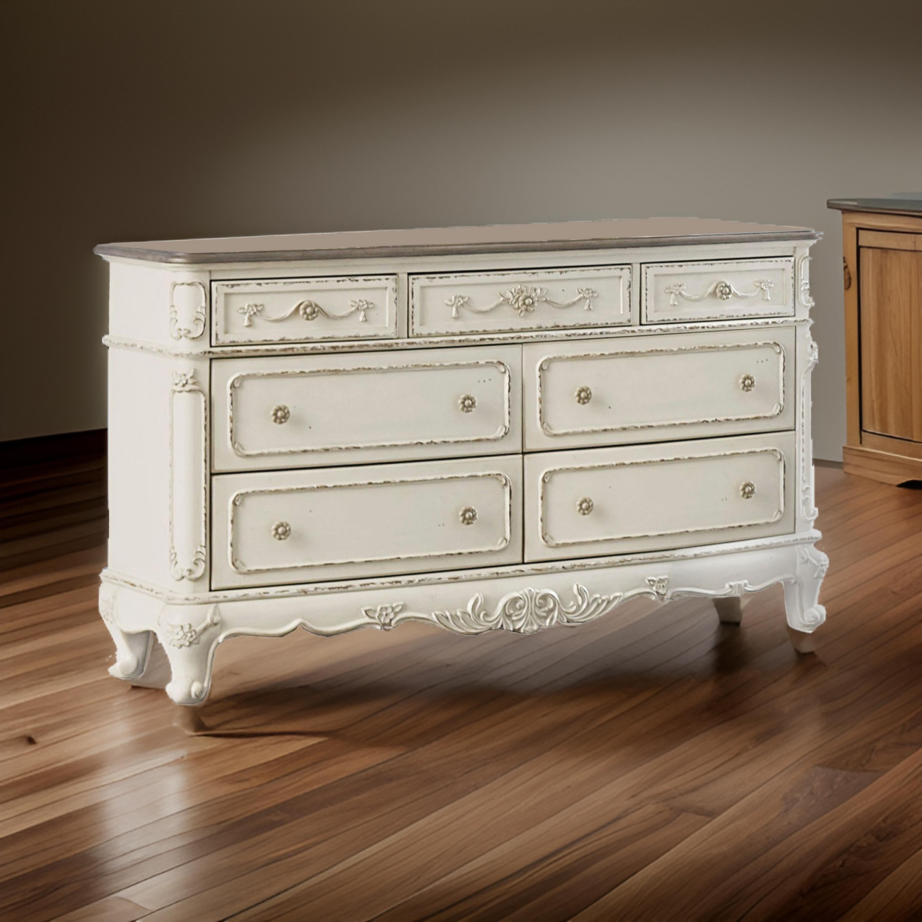 7 Drawer Dresser With Floral Motif Carving Details Antique White And Brown