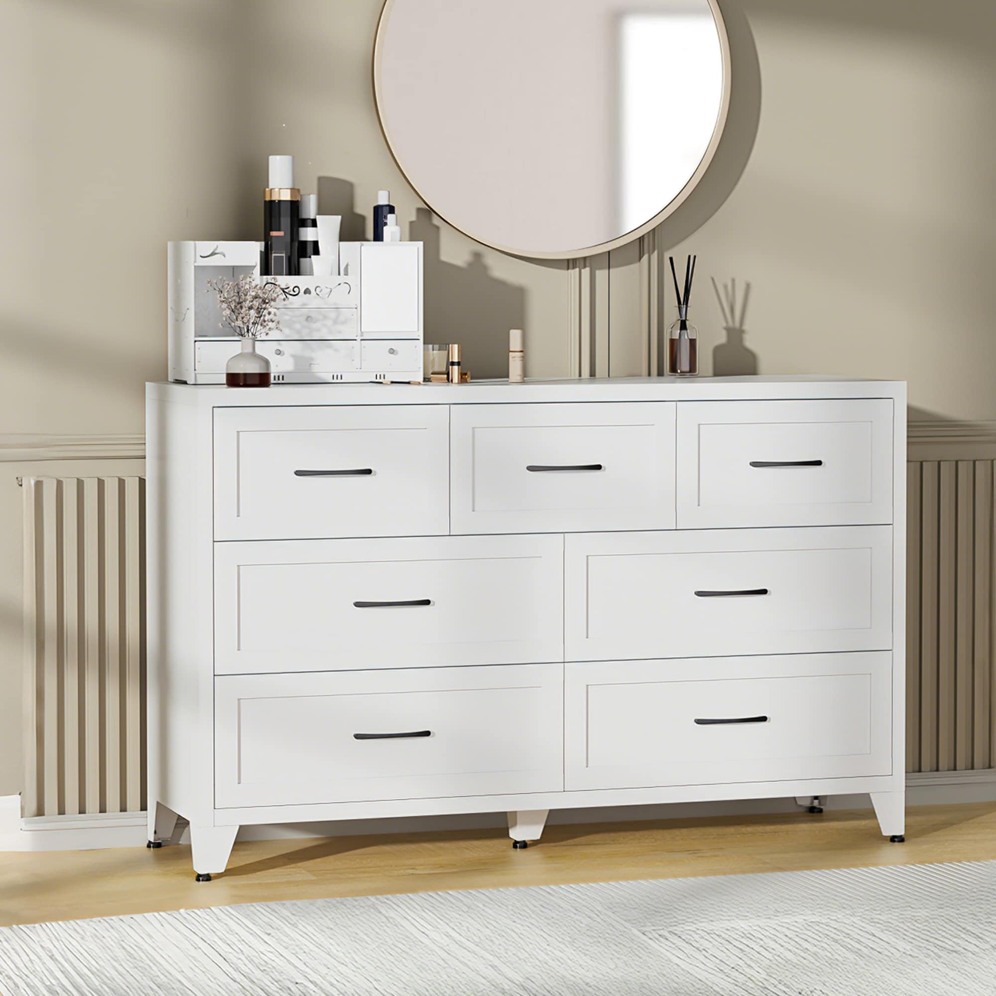 7 Drawer Dresser Wide Low Profile Storage Cabinet White Metal Chest Of Drawers For Bedroom Living Room Entryway