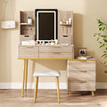 7 Drawer Vanity Desk With Led Mirror Carved Details Fluted Makeup Table With Metal Legs And Pu Stool