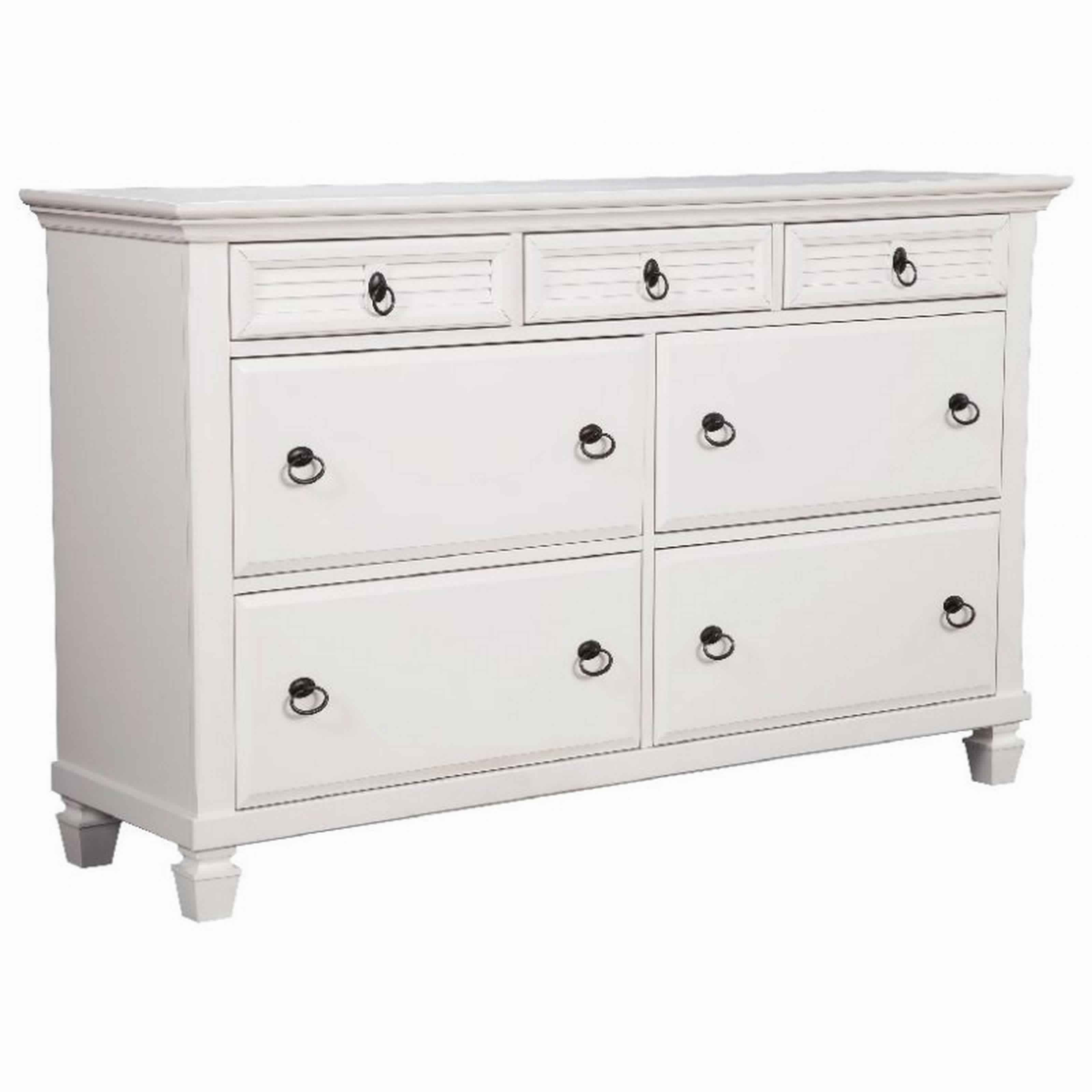 7 Drawer Wooden Dresser With Ring Pulls And Molded Top White