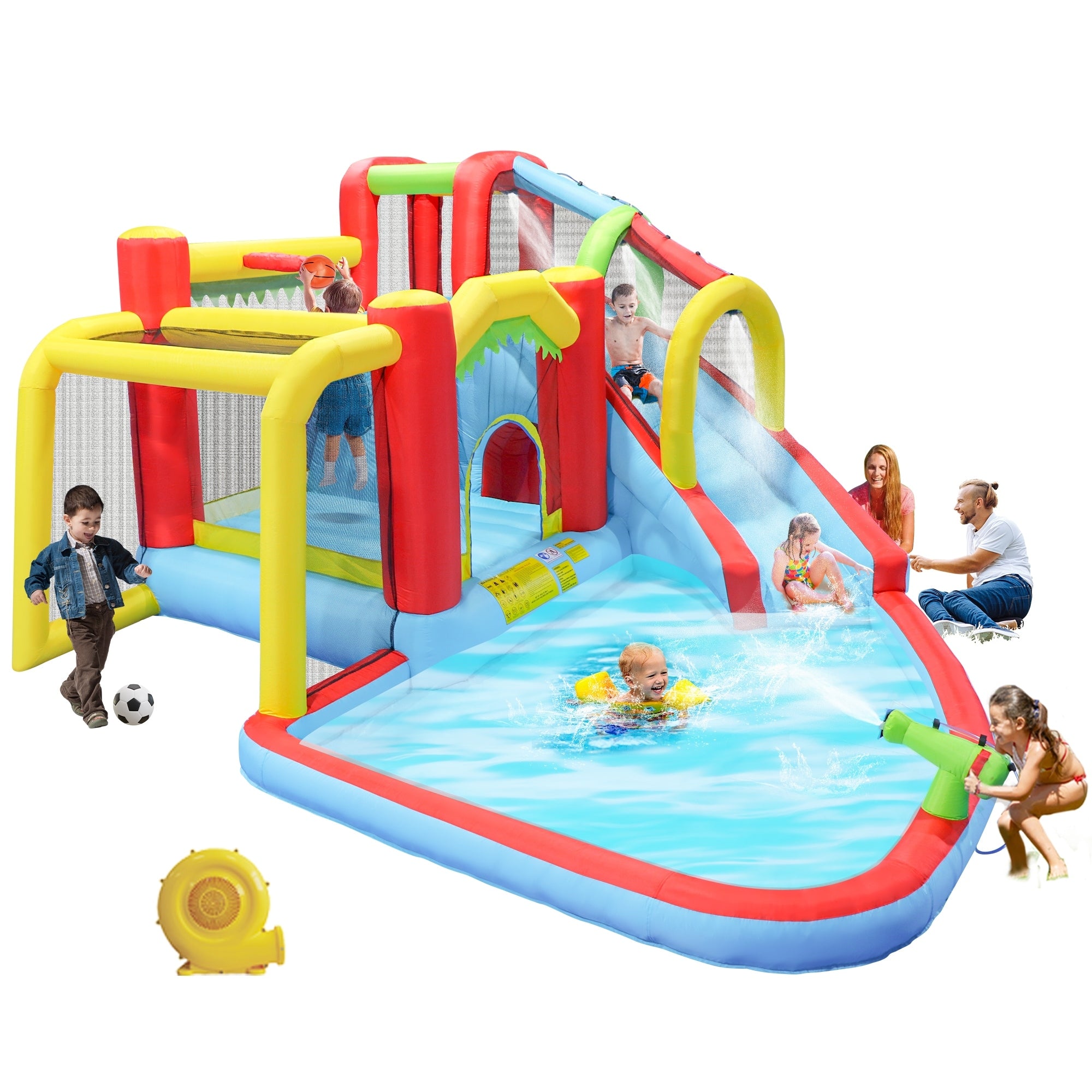7 In 1 Inflatable Slide Water Park Bouncing House Garden Bouncer With Splash Pool Water Gun Climbing Wall Basketball