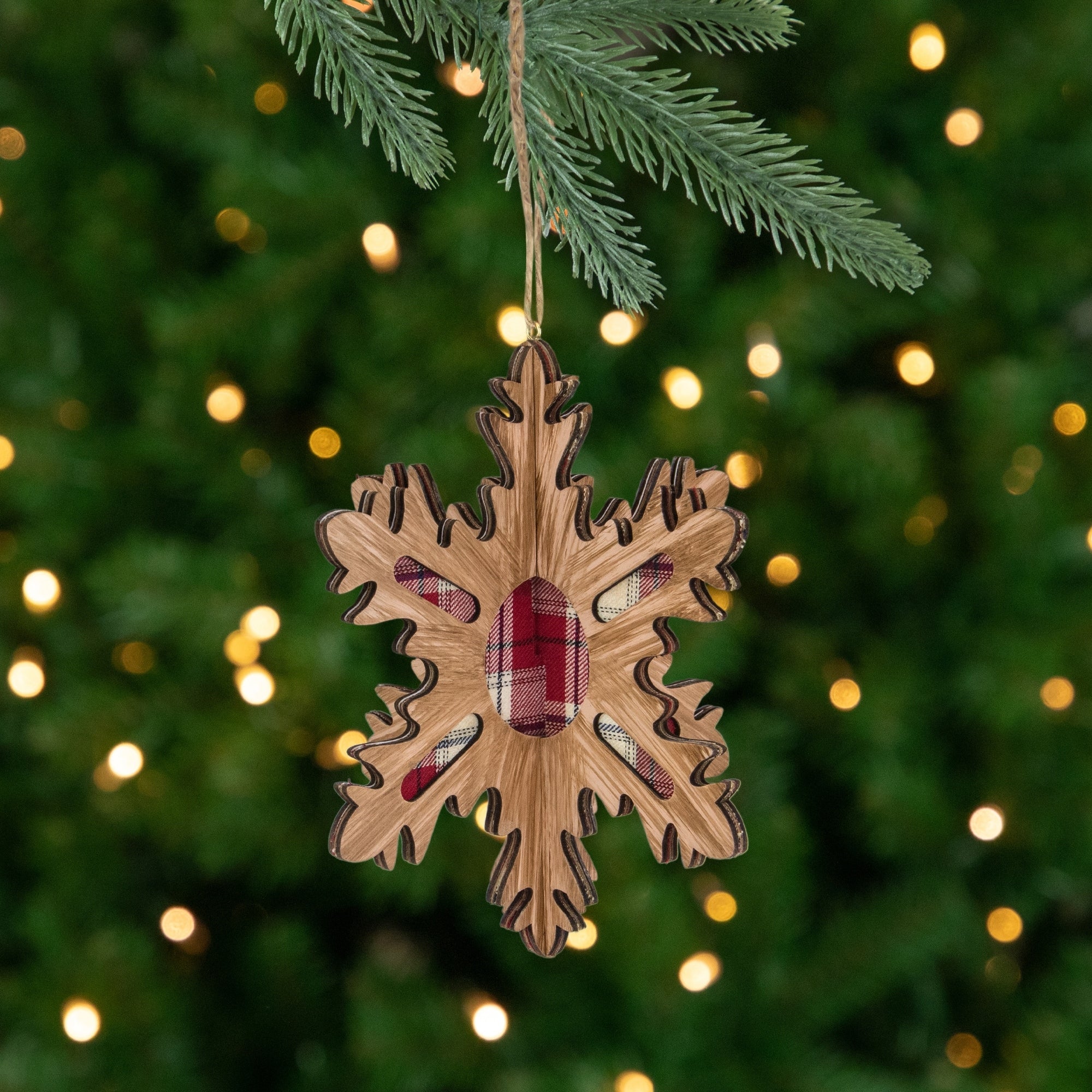 6.5 Brown And Red Plaid Paper Snowflake Christmas Ornament On Jute Rope