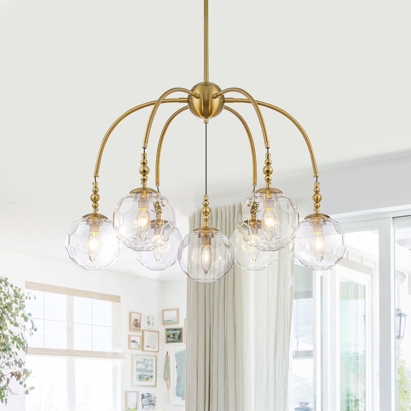 7 Light Brushed Gold Cluster Chandelier Faceted Glass Globe Shades Dia.28.35 Inch