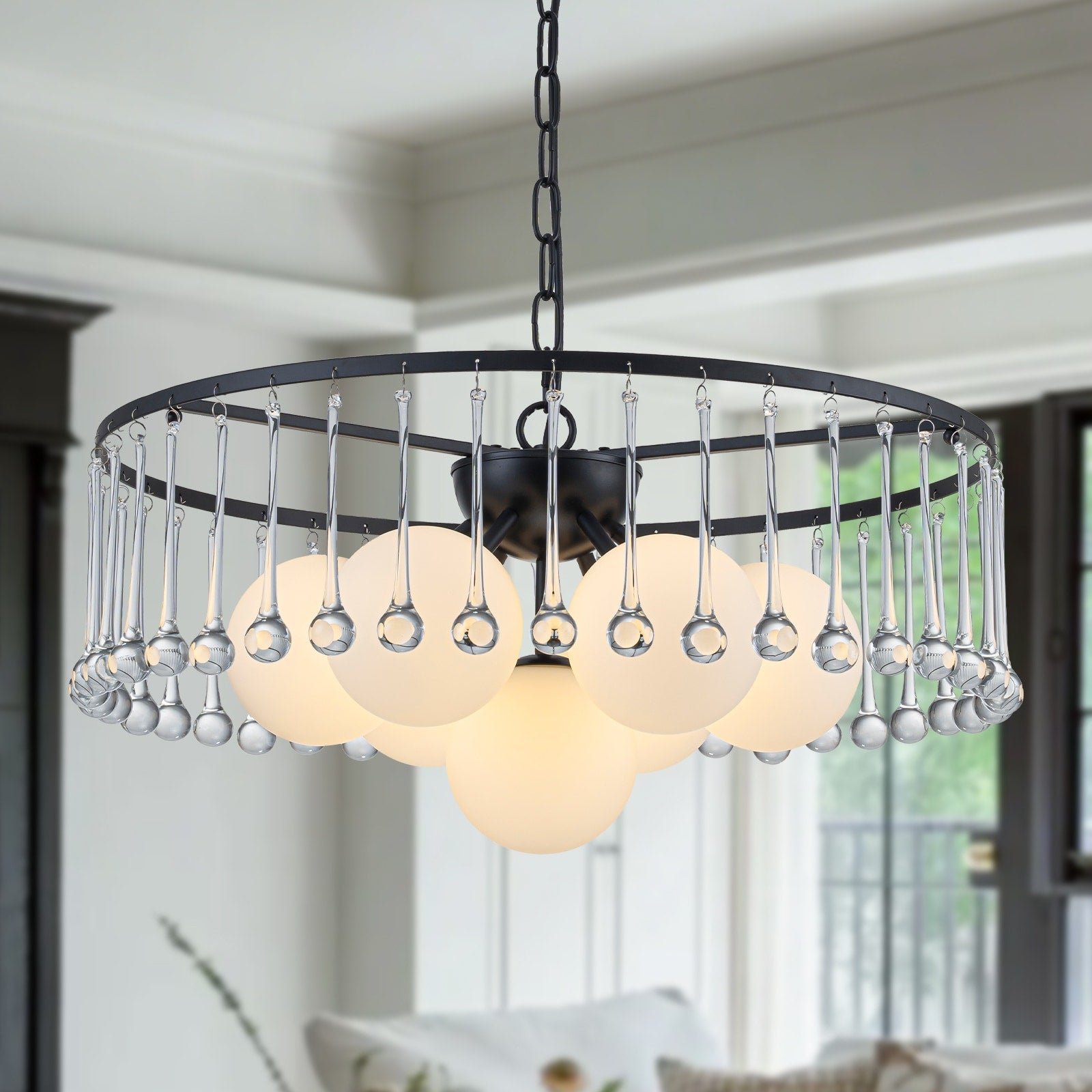7 Light Modern Circular Chandelier With White Glass Crystal Accents Dia.23.62 In