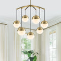 7 Light Modern Gold Chandelier With Half Milky White Glass Globes Dia.27.4 In