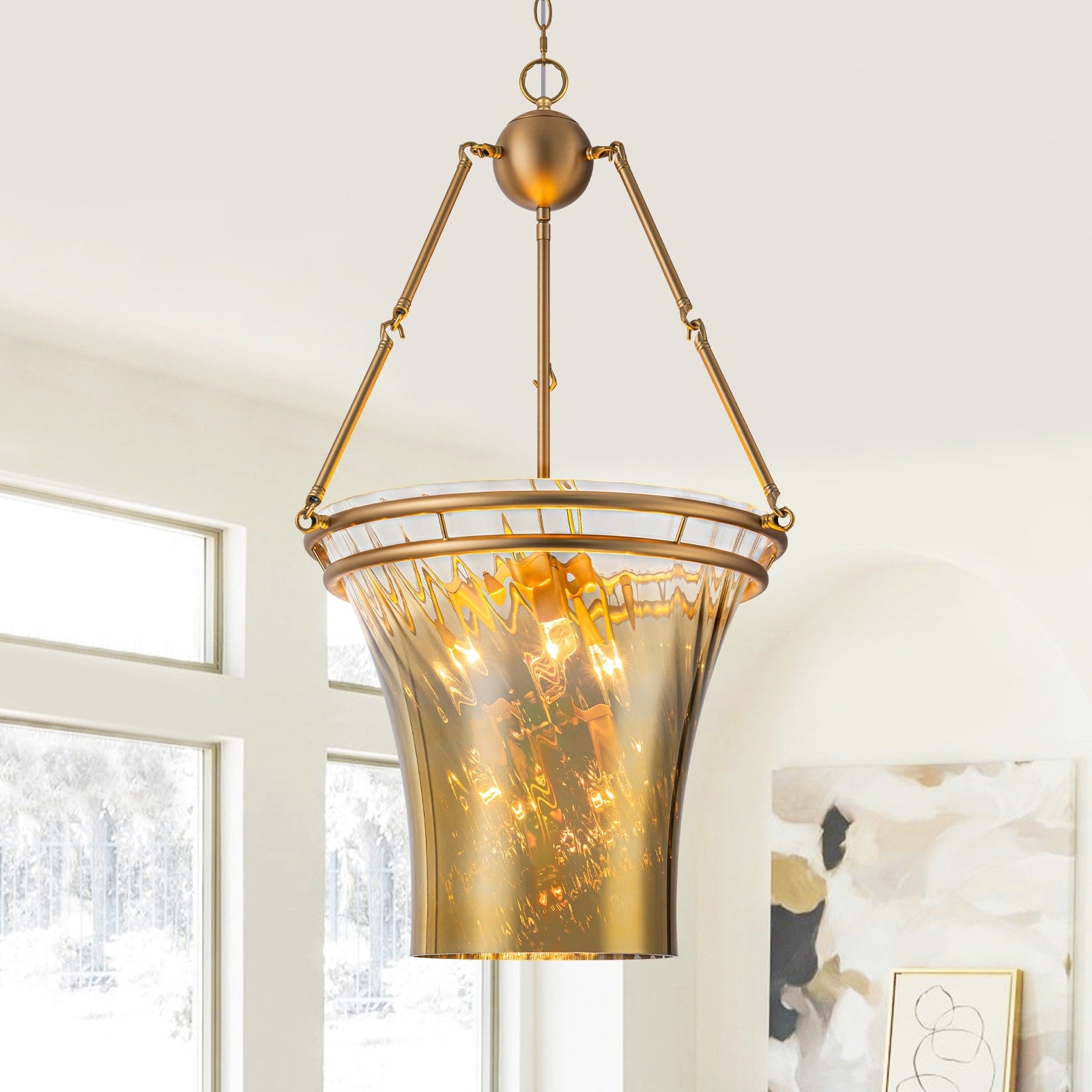 7 Light Vintage Chandelier Gradient Gold Fluted Vase Glass Shade Dia.20.47 In