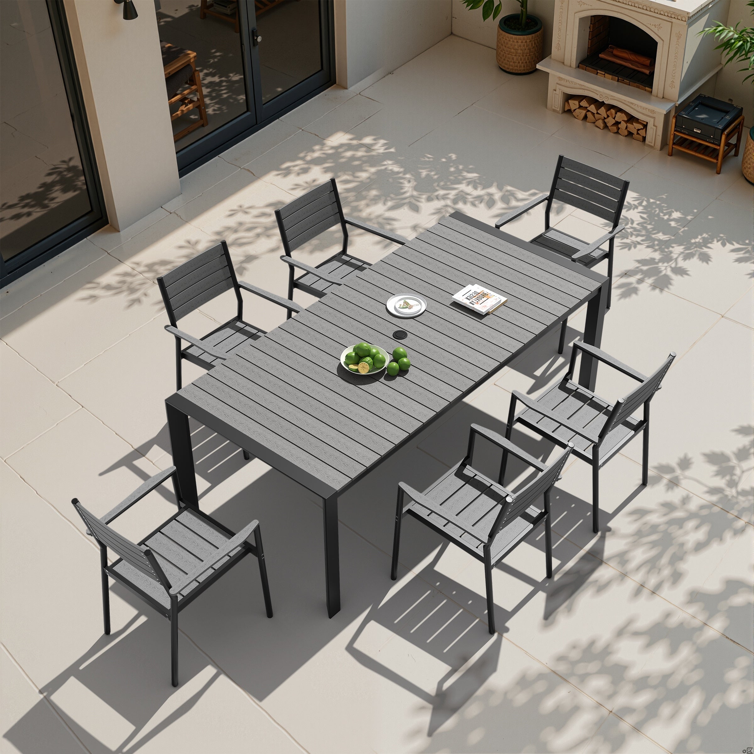 7 Pc Outdoor Patio Dining Set Wood Like Table Top Aluminum Rectangular Umbrella Hole Table With Stackable Armrest Dining Chairs