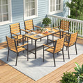 7 Piece Acacia Wood Outdoor Dining Set For 6 Reclining Back Armchairs Rectangular Table With 1.6 Umbrella Hole