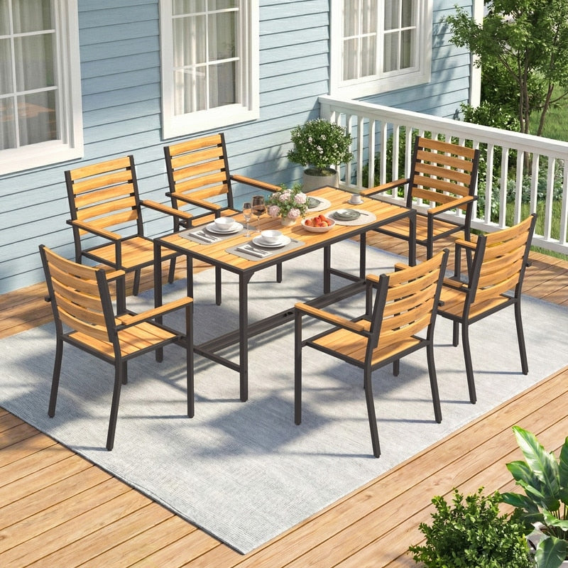 7 Piece Acacia Wood Outdoor Dining Set For 6 Reclining Back Armchairs Rectangular Table With 1.6 Umbrella Hole
