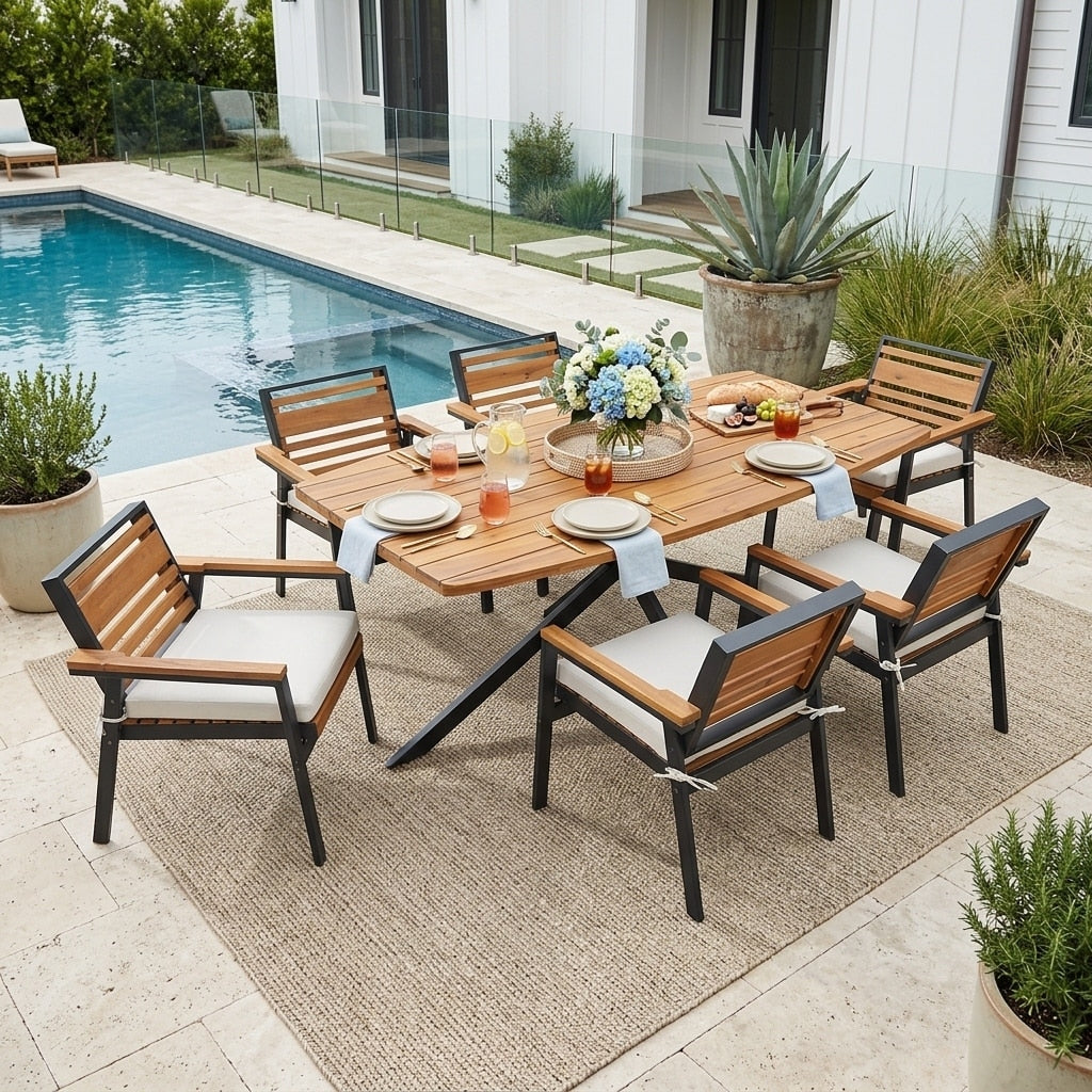 7 Piece Acacia Wood Patio Dining Set With X Base Table Cushioned Chairs By Leisure Zone
