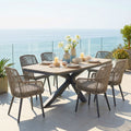 7 Piece All Weather Outdoor Dining Set With Pe Rattan Chairs Aluminum Frame And Wood Look Tabletop Modern Patio Furniture