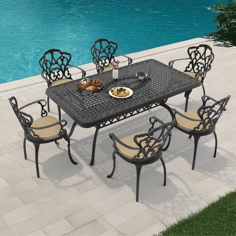 7 Piece Cast Aluminum Outdoor Dining Set With 66.93 L X 37.40 W Rectangular Table And Seat Cushions