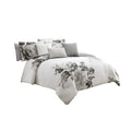 7 Piece Cotton King Comforter Set With Floral Print Gray And White
