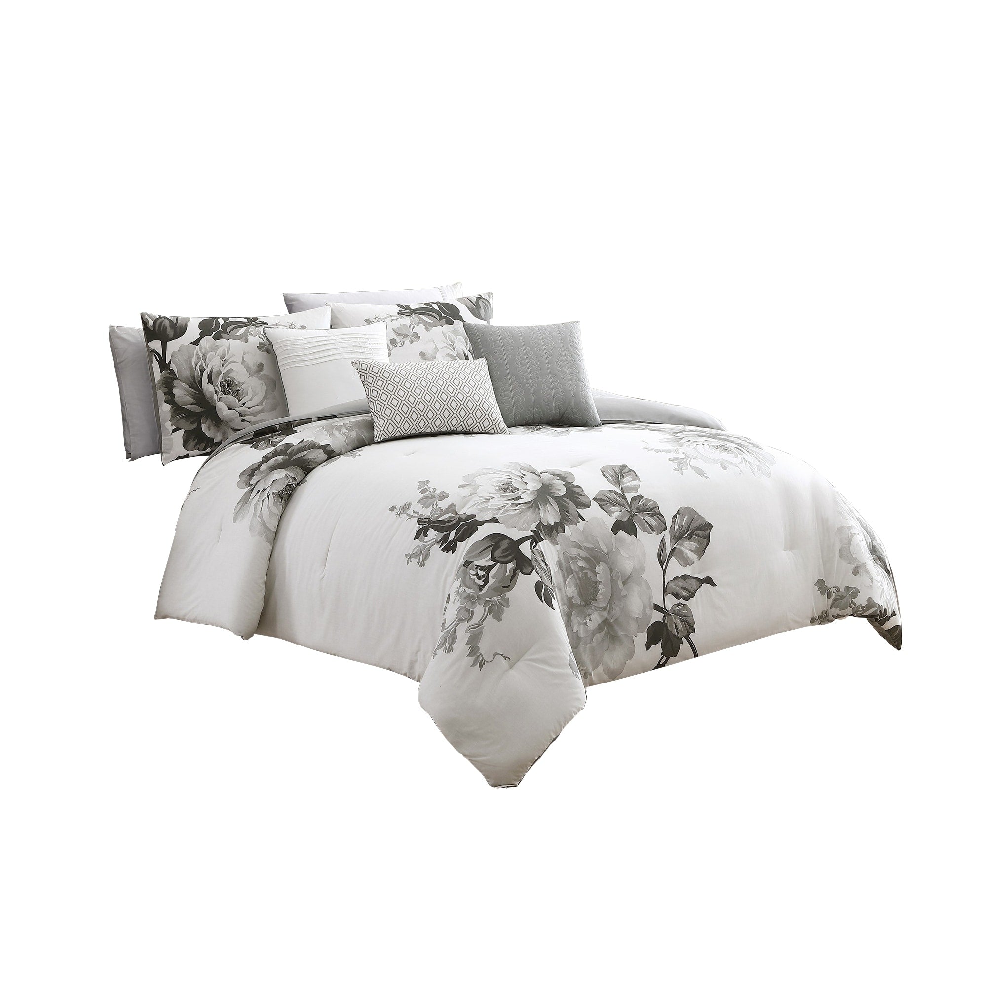 7 Piece Cotton King Comforter Set With Floral Print Gray And White