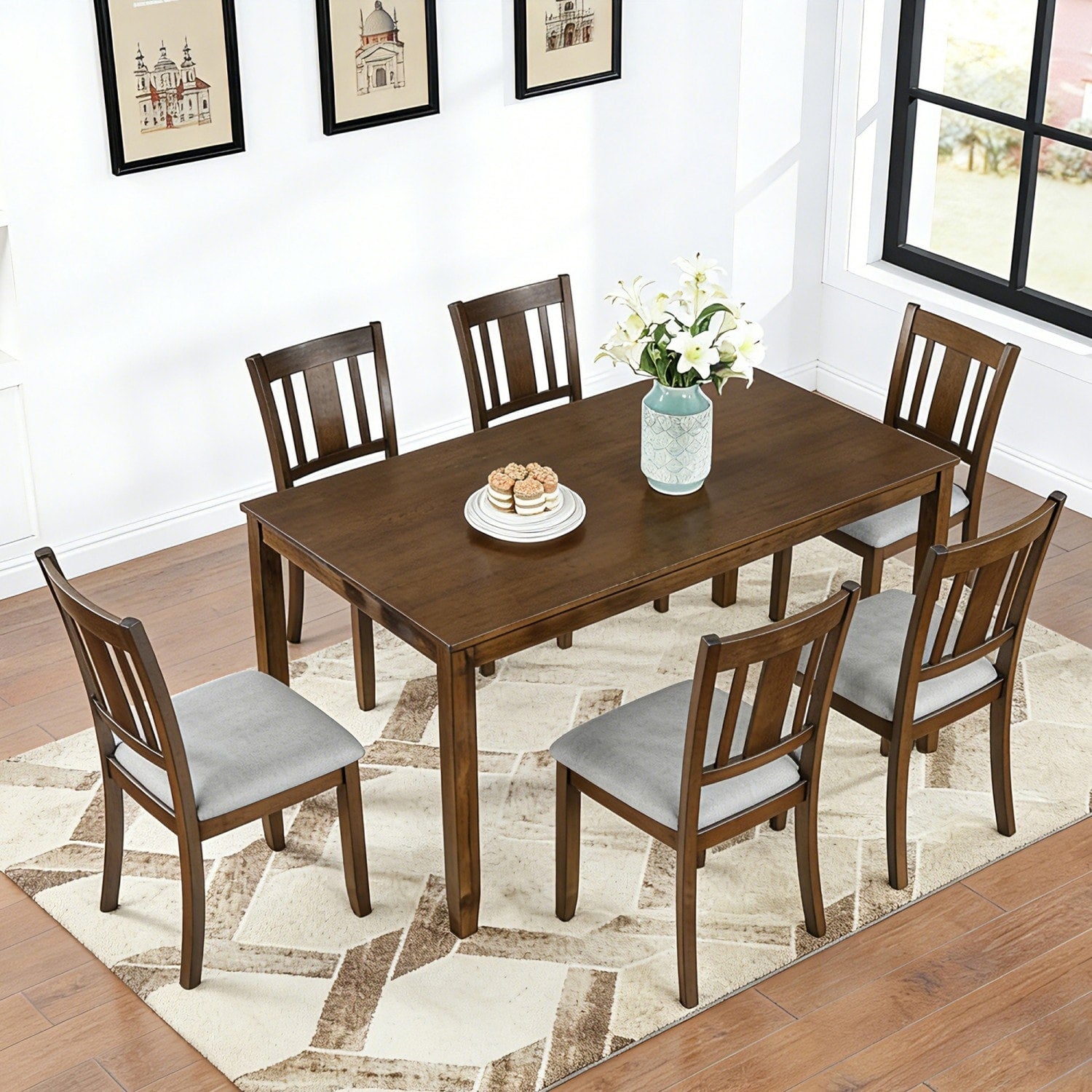 7 Piece Dining Set 58.5 Wood Table With 6 Upholstered Chairs