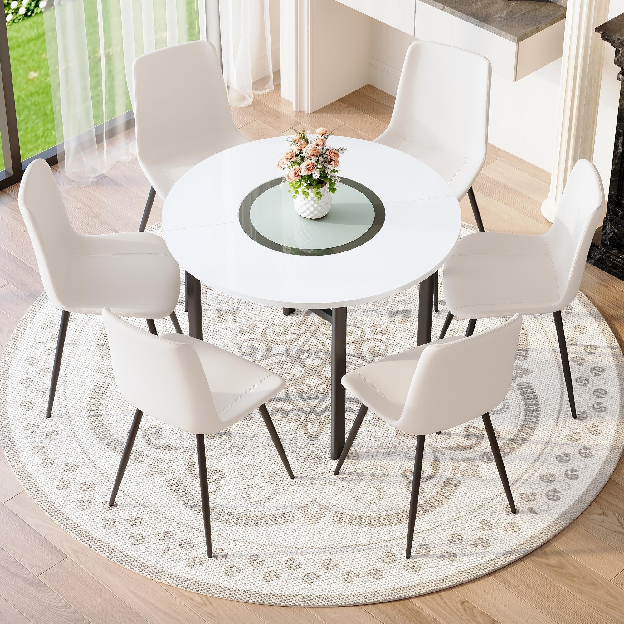 7 Piece Dining Table Set With 42 Inch Round Mdf Top Glass Insert 4 Pu Chairs