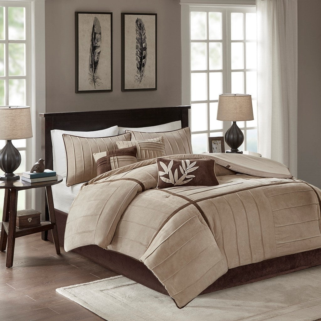 7 Piece Faux Suede Comforter Set Beige King