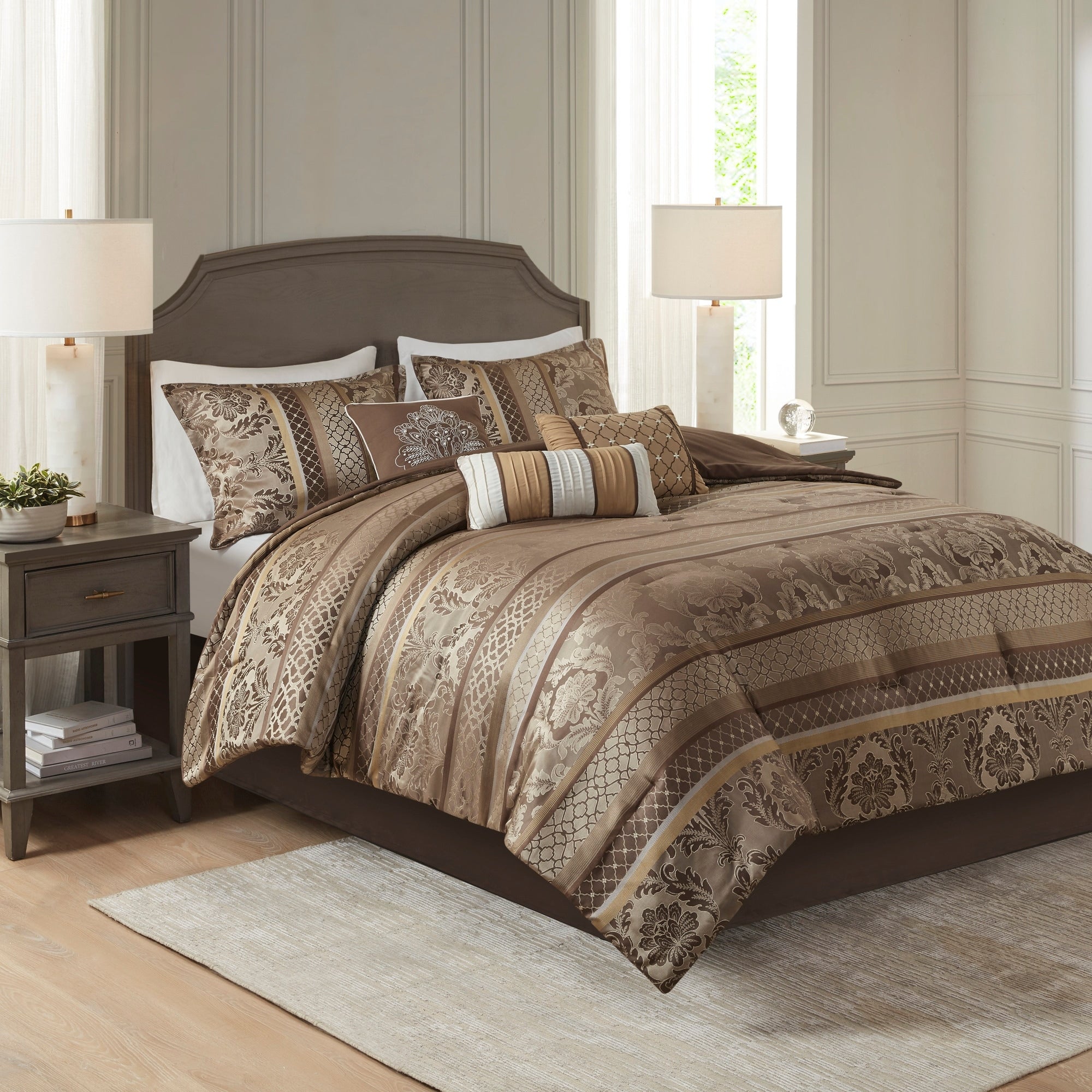 7 Piece Jacquard Comforter Set Brown Gold Cal King
