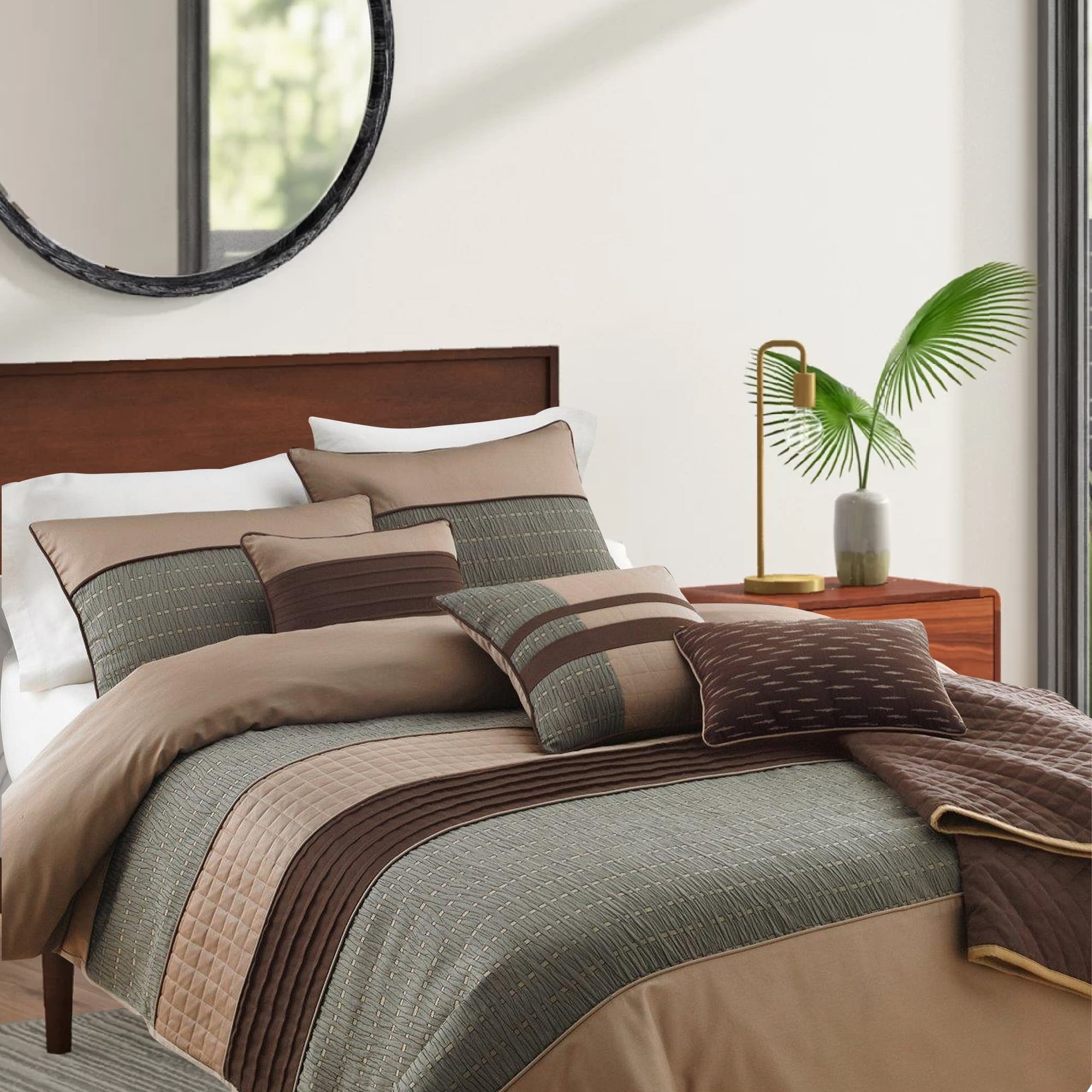 7 Piece King Polyester Comforter Set With Pleats And Texture Gray And Brown