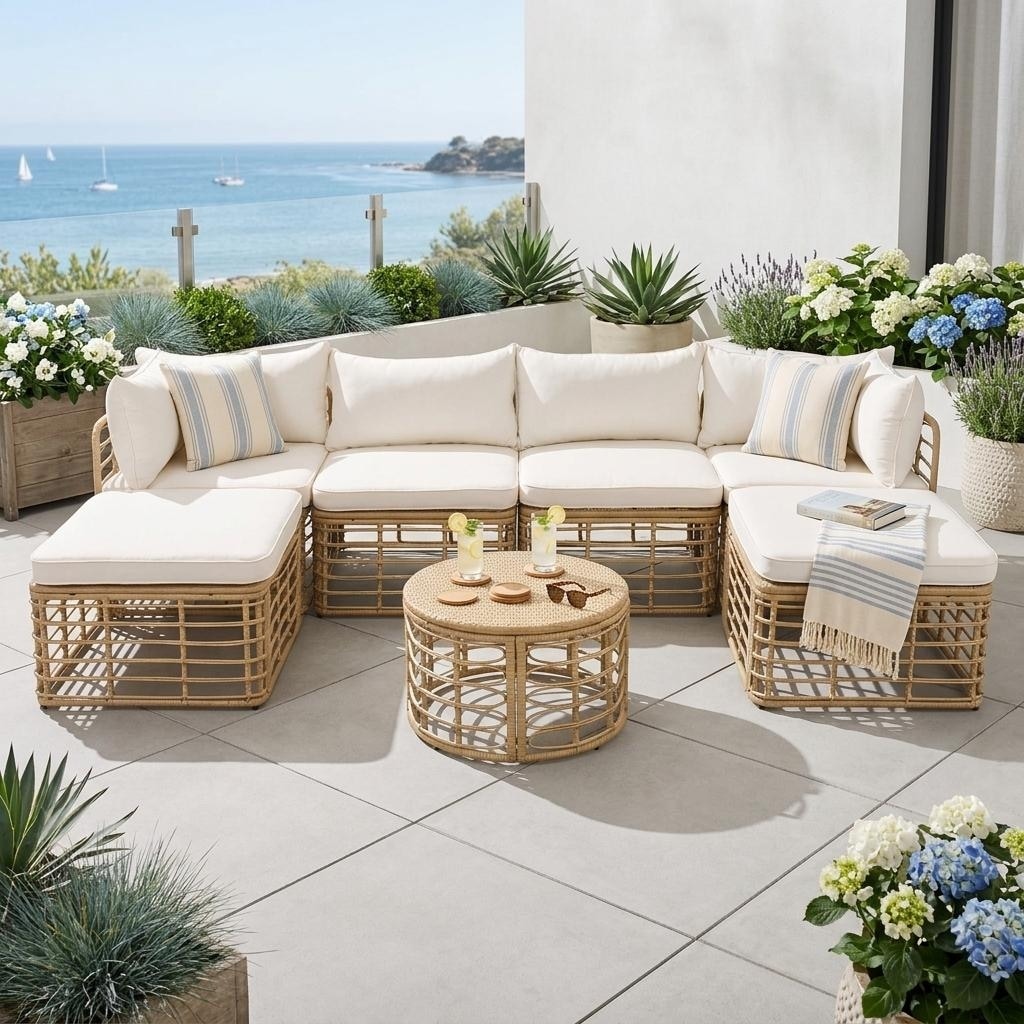7 Piece Modular All Weather Rattan Sectional Set With Round Woven Coffee Table By Leisure Zone