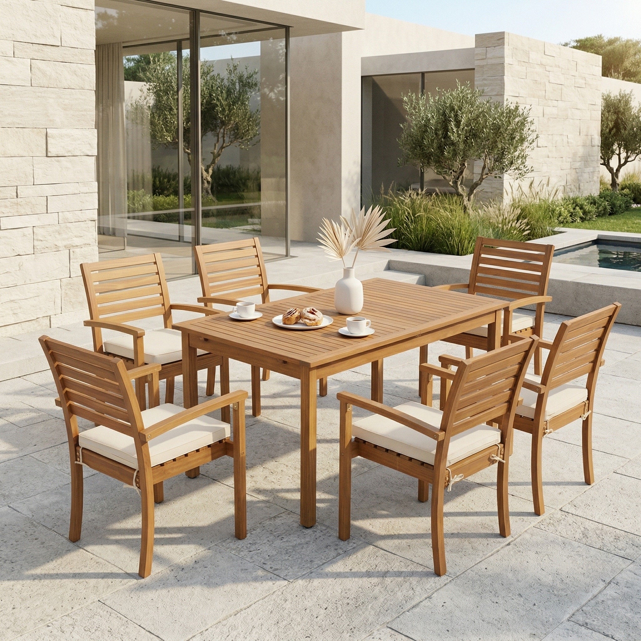 7 Piece Outdoor Acacia Wood Dining Set Expandable Table Stackable Chairs