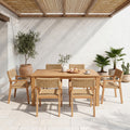 7 Piece Outdoor Dining Set Acacia Wood Twisted Wicker Weave Stackable Arm Chair And Table With Natural Vintage Wood Grain