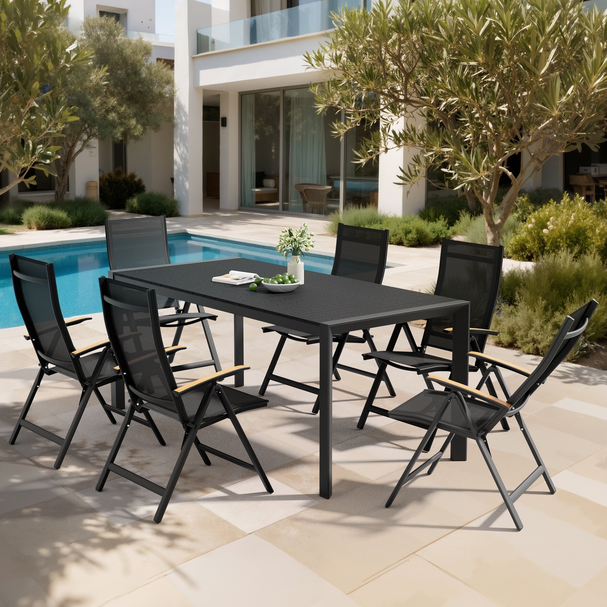 7 Piece Outdoor Patio Dining Set Wood Like Table Top Aluminum Rectangular Umbrella Hole Table With Folding Armrest Chairs