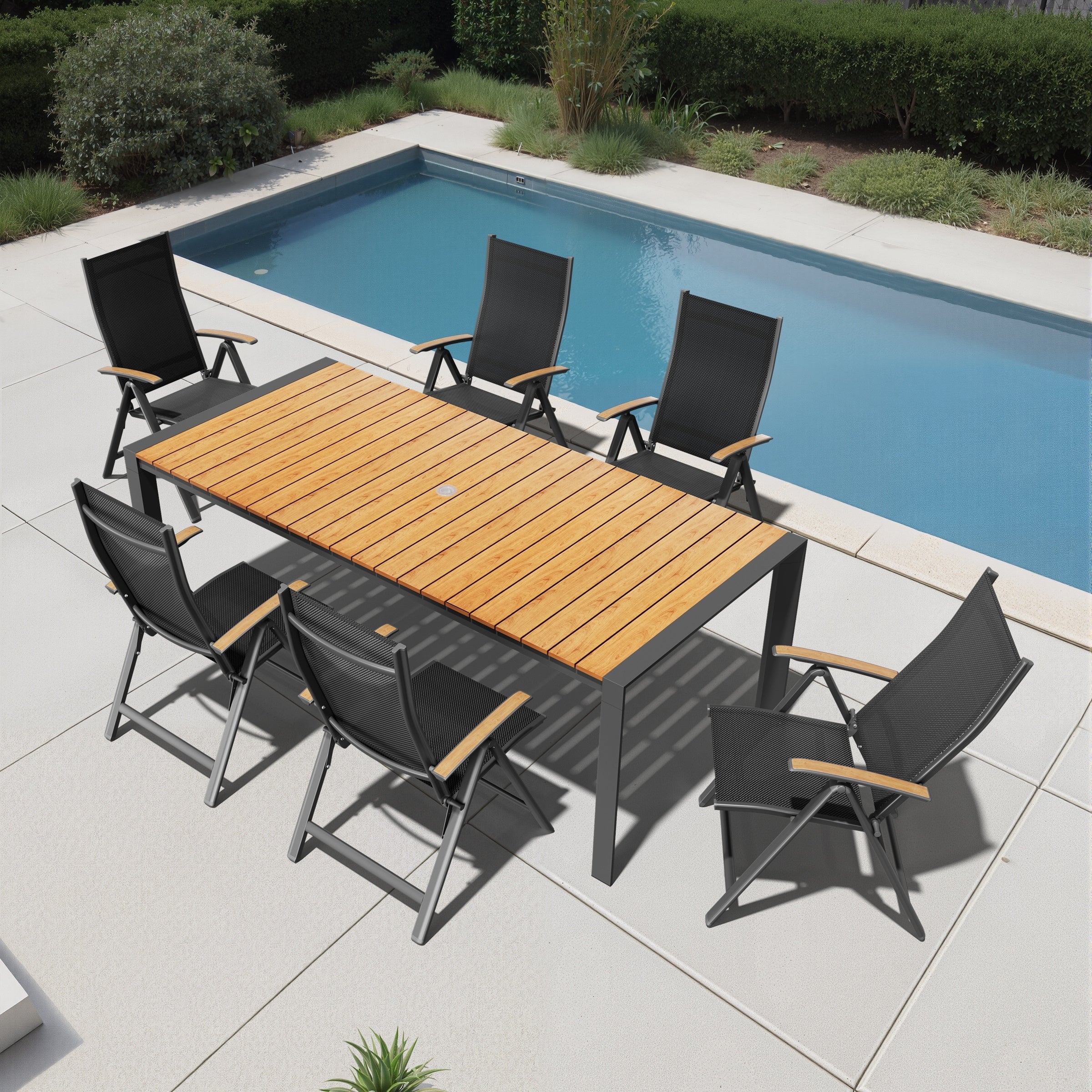 7 Piece Outdoor Patio Dining Set Wood Like Table Top Aluminum Rectangular Umbrella Hole Table With Folding Teak Armrest Chairs