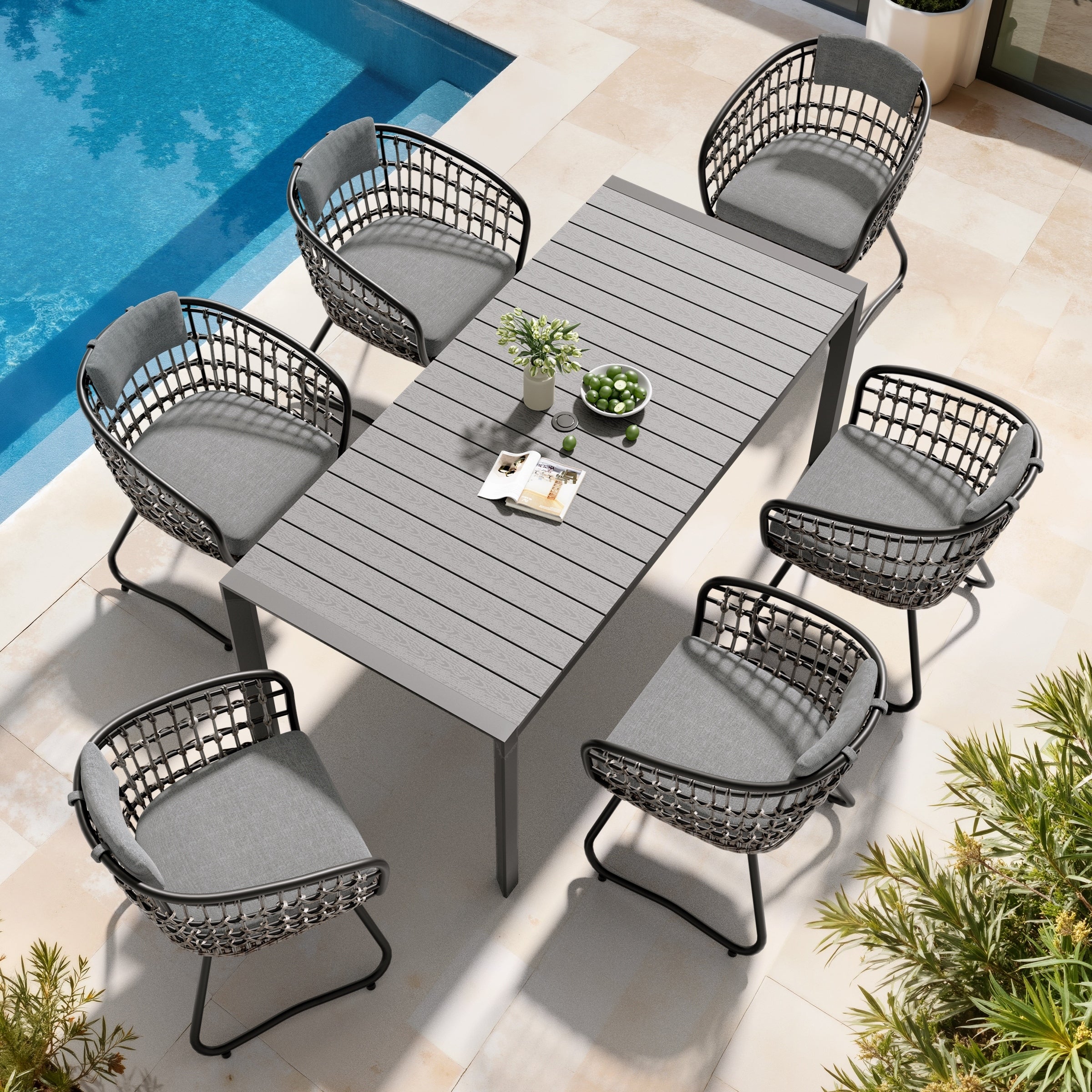 7 Piece Outdoor Patio Dining Set Wood Like Table Top Aluminum Rectangular Umbrella Hole Table With Rattan Chairs