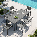 7 Piece Outdoor Patio Dining Set Wood Like Table Top Aluminum Rectangular Umbrella Hole Table With Stackable Armrest Chairs