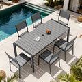 7 Piece Outdoor Patio Dining Set Wood Like Table Top Aluminum Rectangular Umbrella Hole Table With Stackable Chairs