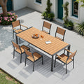 7 Piece Outdoor Patio Dining Set Wood Like Table Top Aluminum Rectangular Umbrella Hole Table With Stackable Dining Chairs