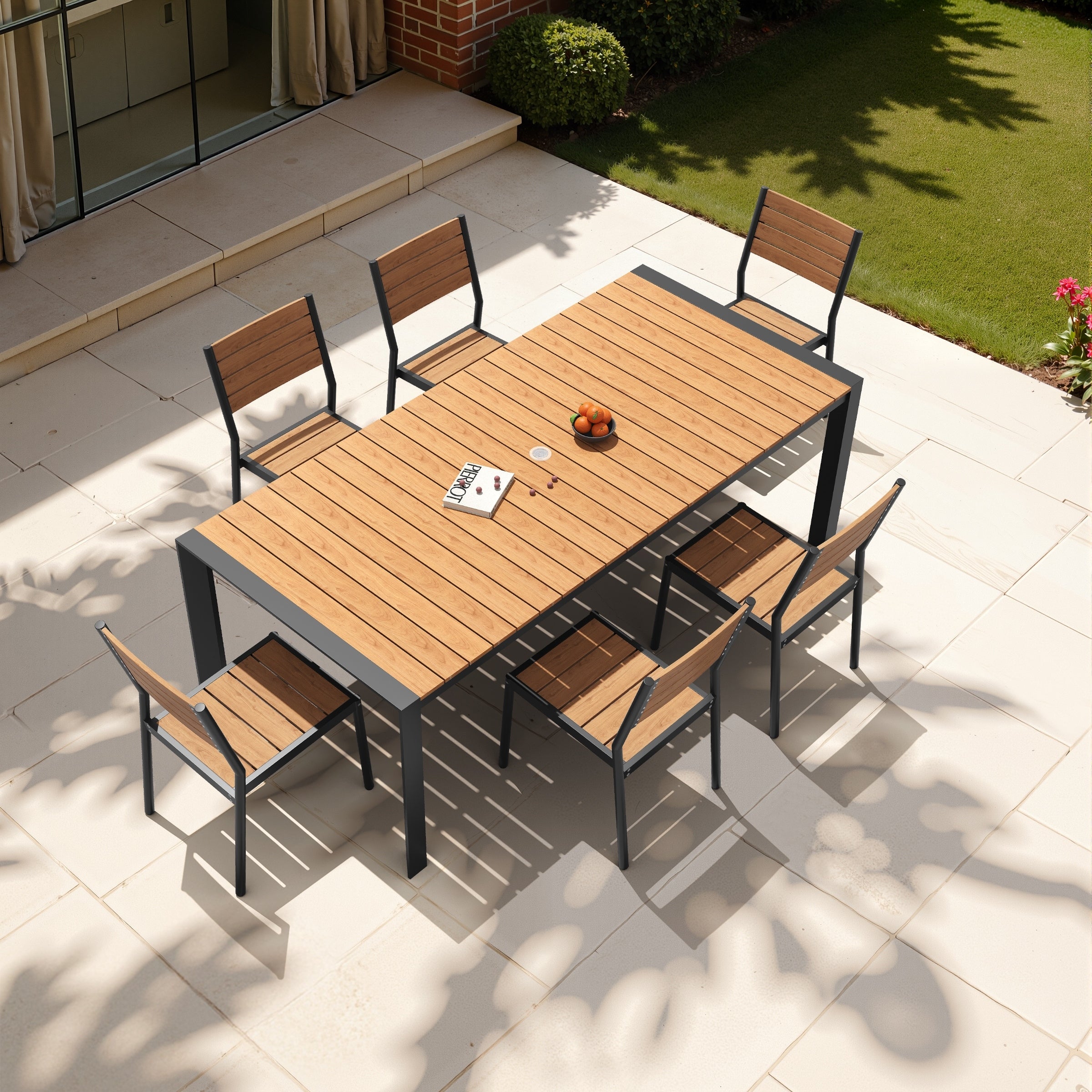 7 Piece Outdoor Patio Dining Set Wood Like Table Top Aluminum Rectangular Umbrella Hole Table With Stackable Dining Chairs