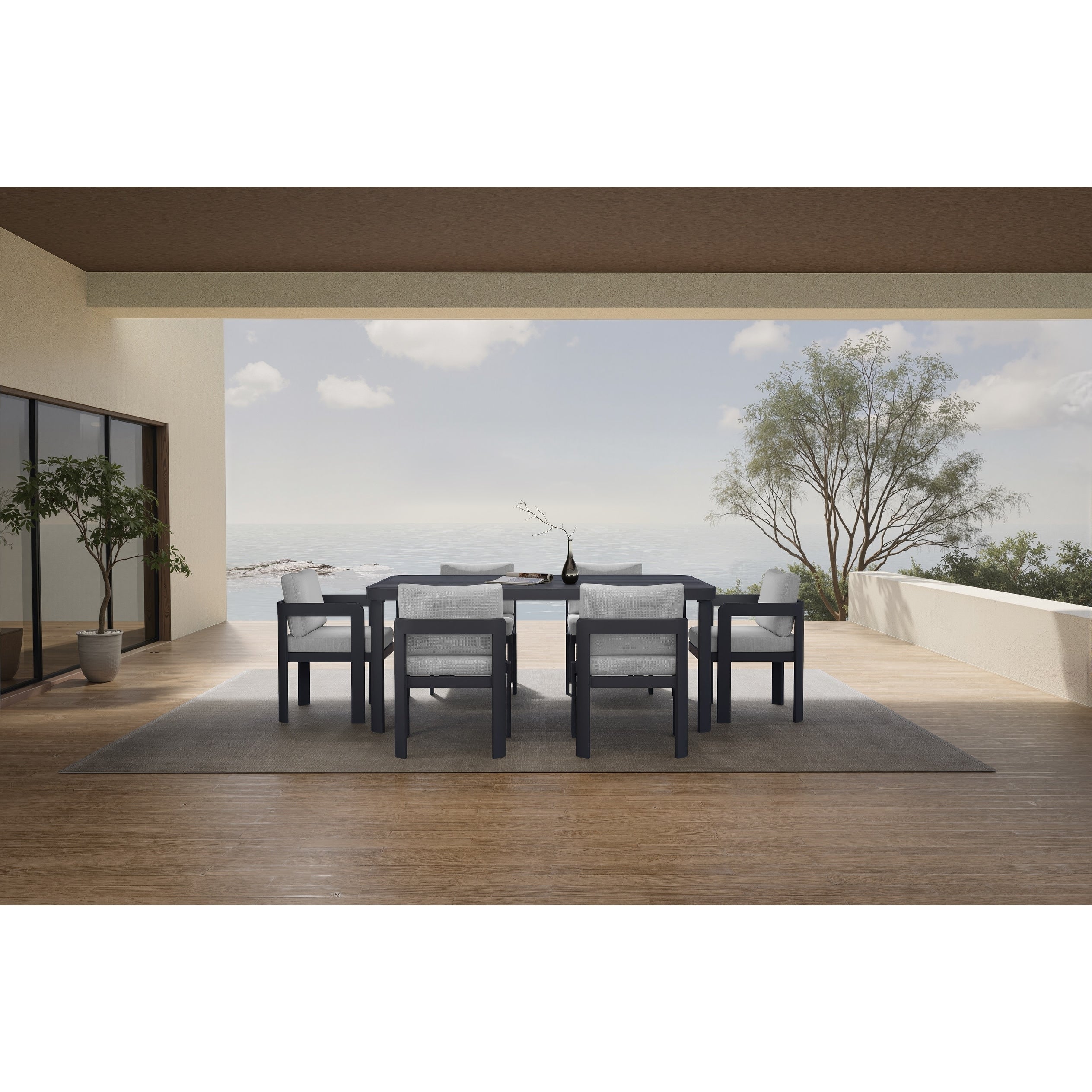 7 Piece Outdoor Patio Dining Set With Beige Cushions