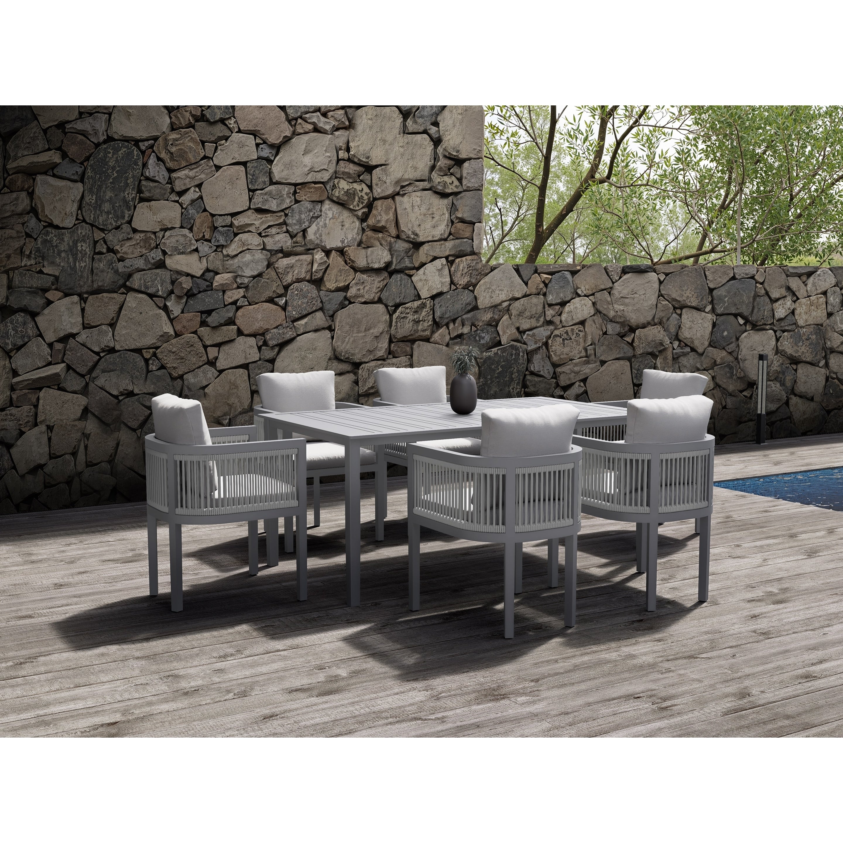 7 Piece Outdoor Patio Dining Set With Gray Cushions