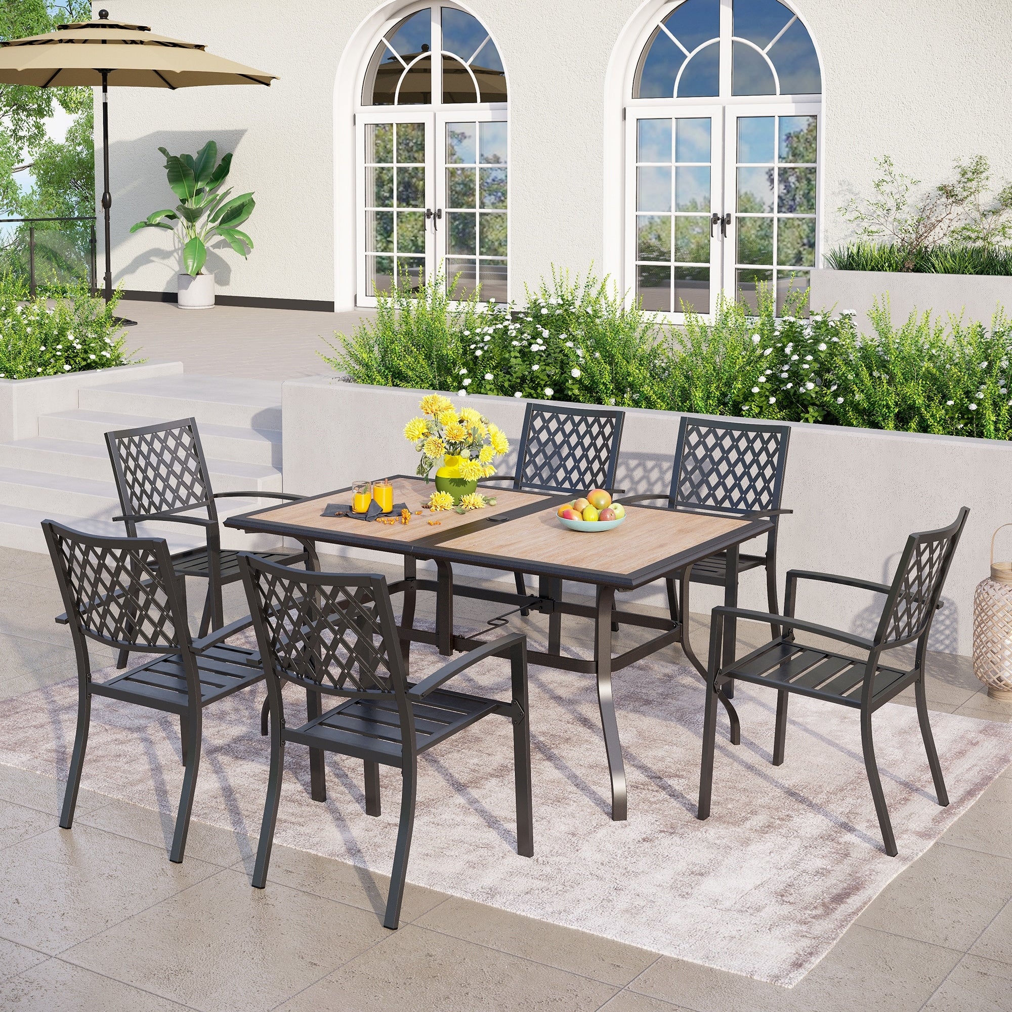 Phi Villa 7 Piece Outdoor Patio Furniture 37.4 X 59.8 Wood Like Rectangular Dining Table And Chairs