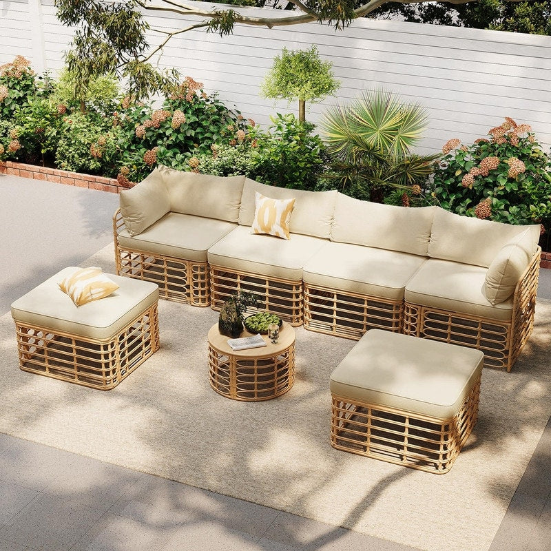 7 Piece Outdoor Patio Furniture Rattan Sectional Sofa Set With Thick Cushions And Pillows Freely Combined Conversation Sets