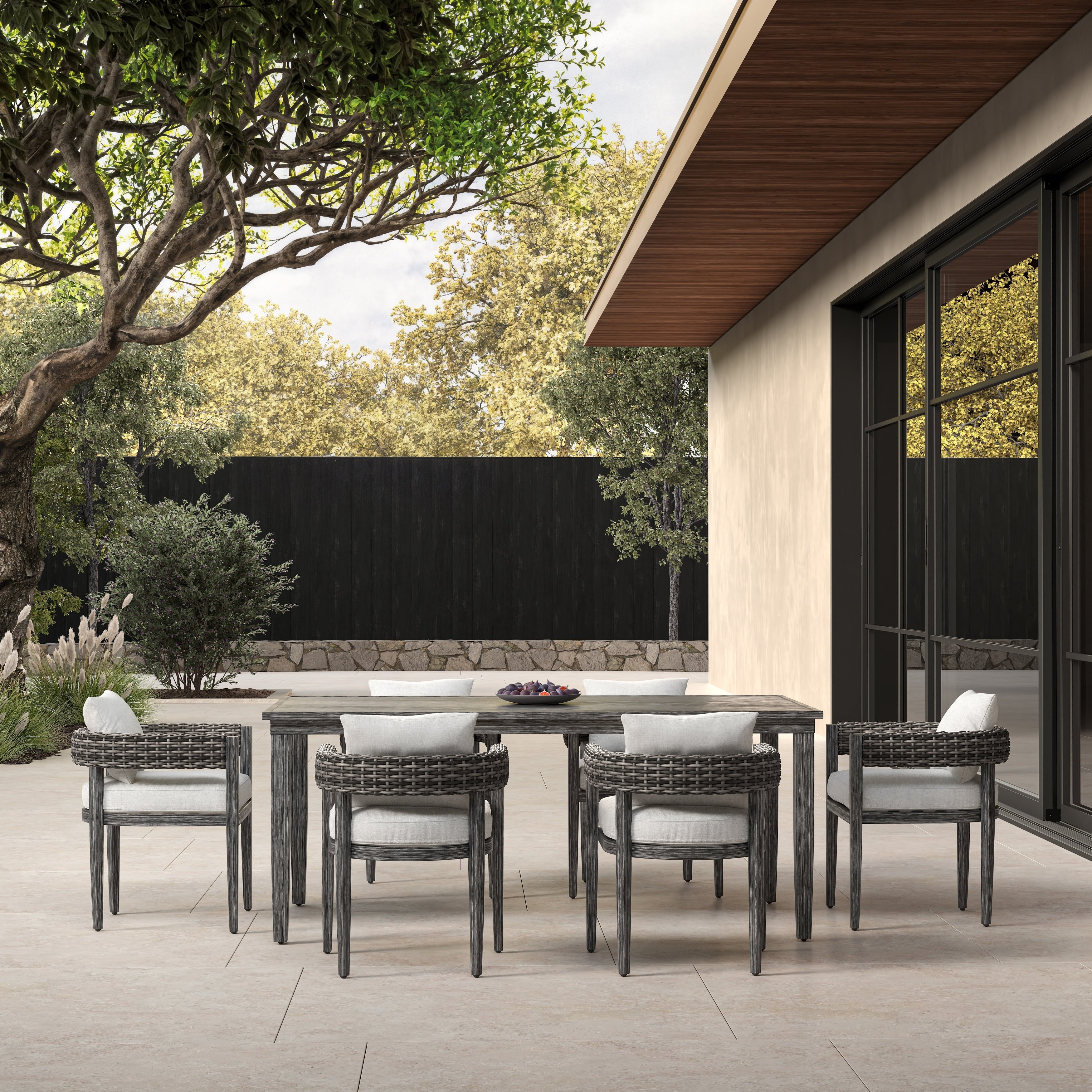 7 Piece Outdoor Patio Woven Dining Set With Gray Cushions