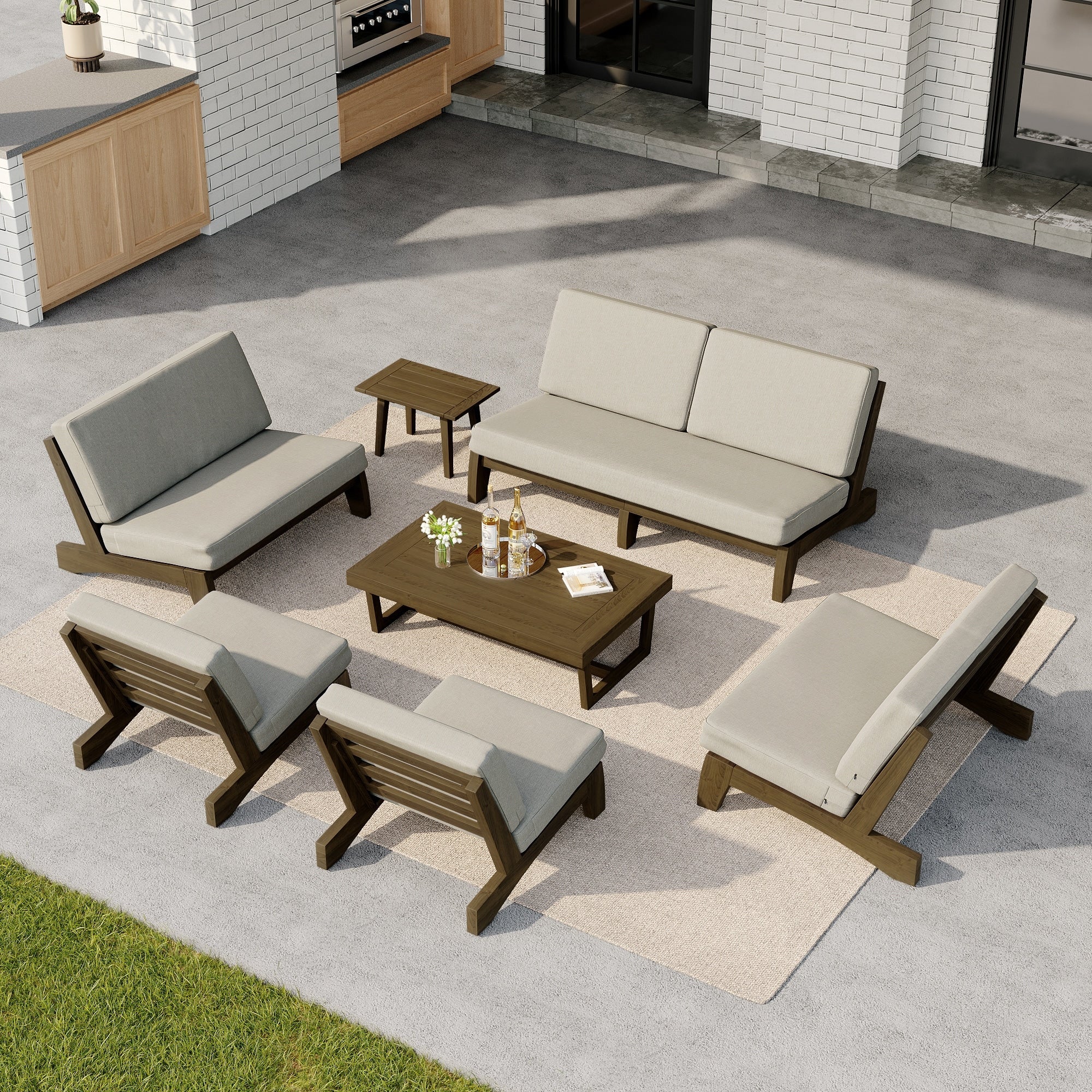 7 Piece Outdoor Teak Wood Loveseat Sofa Patio Set With Table