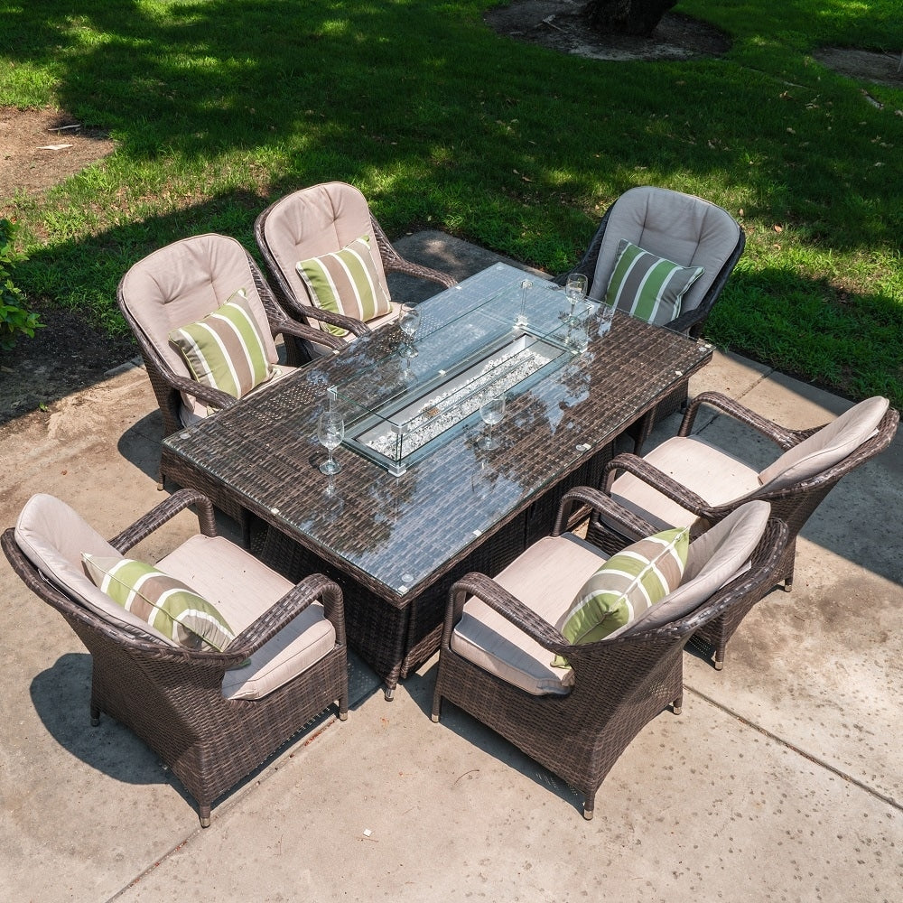Outdoor Wicker Rectangle Table With 6 Arm Chairs Patio Gas Fire Pit Set