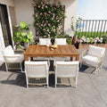 7 Piece Patio Dining Set 67 Wooden Dining Table With 6 Rattan Chairs