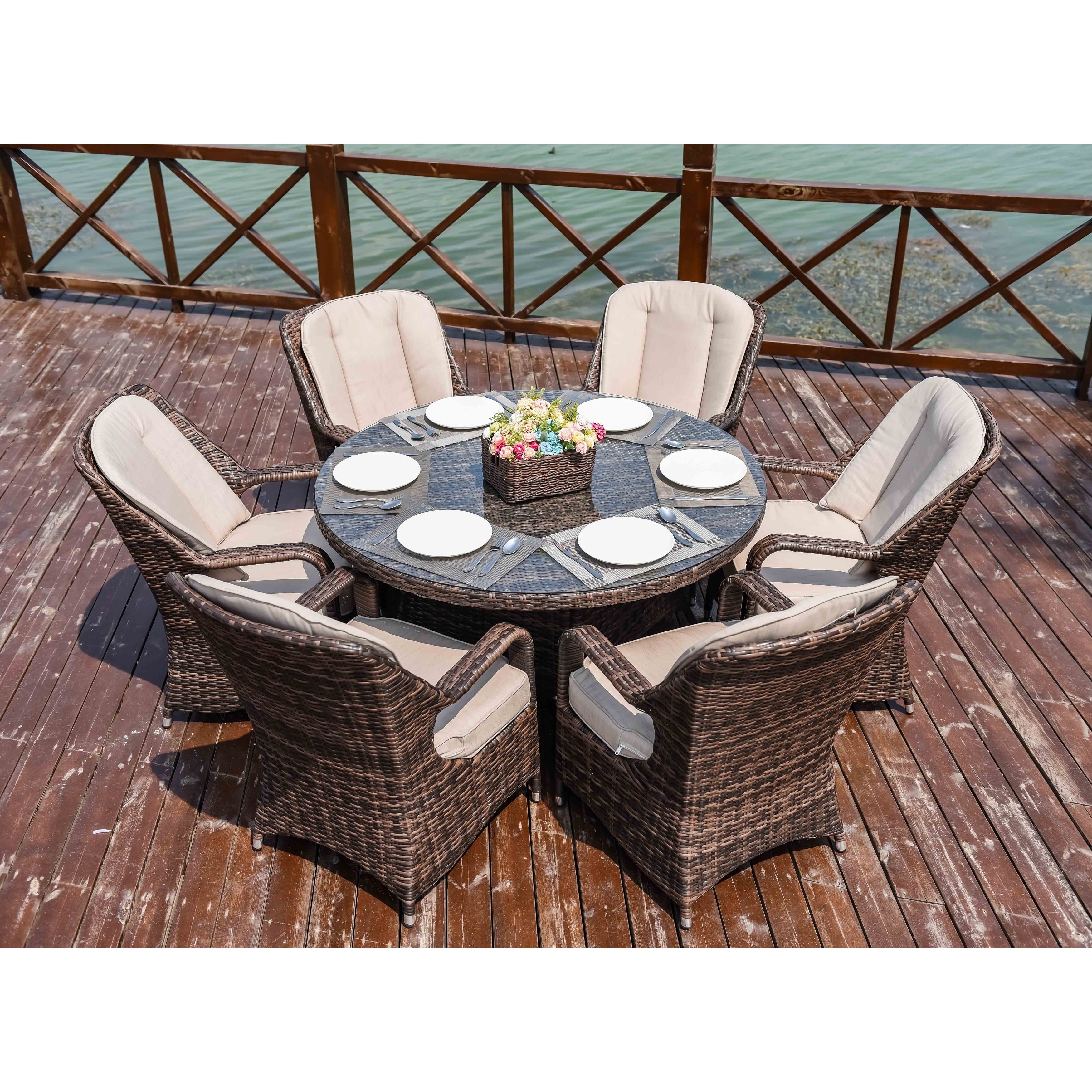 7 Piece Patio Wicker Round Dining Table Set With Cushions By Moda Furnishings