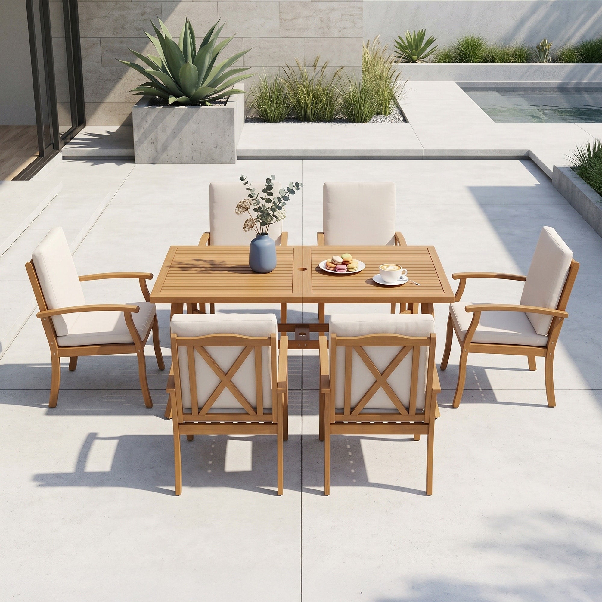 7 Piece Premium Eucalyptus Wood Outdoor Dining Furniture Set With Curved Leg Table Umbrella Hole